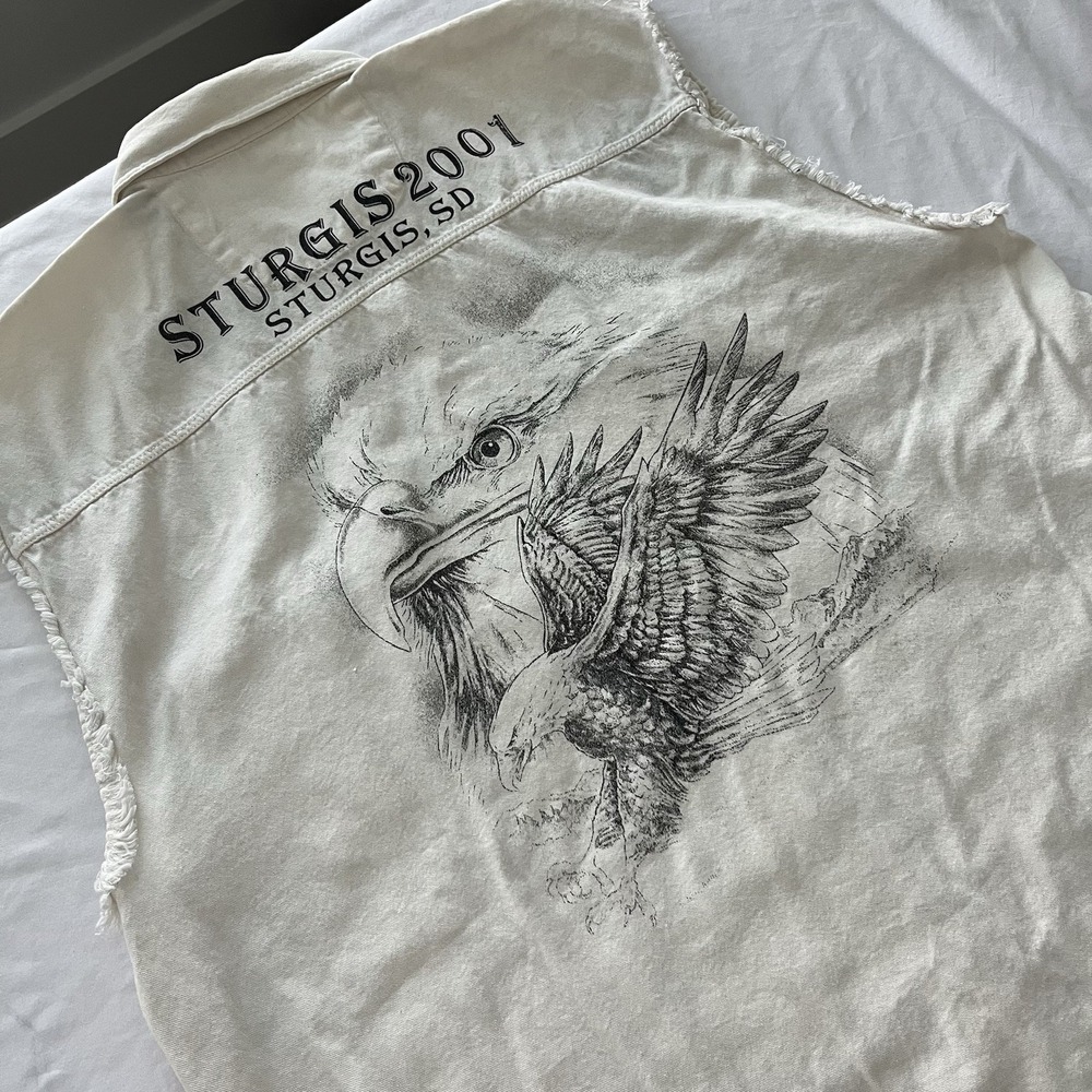Sturgis Motorcycle Bike Week Cut Off Vest Button Shirt Men's 2X White 2001 Eagle